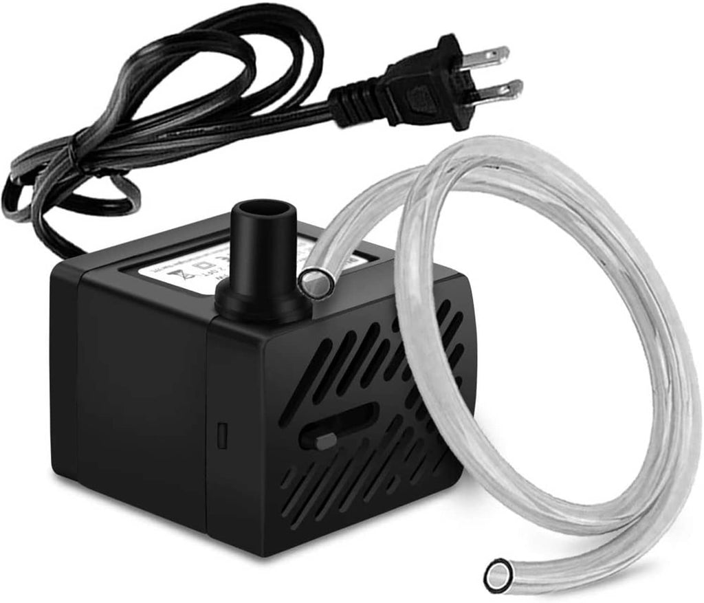 Black mini submersible water pump with attached power plug and clear hose
