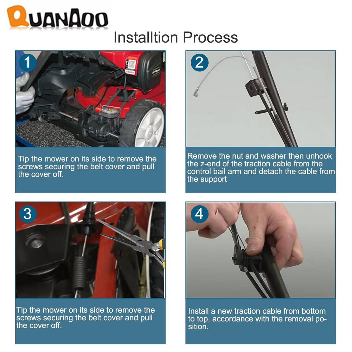 Traction cable installation steps showing cable removal and reattachment to mower