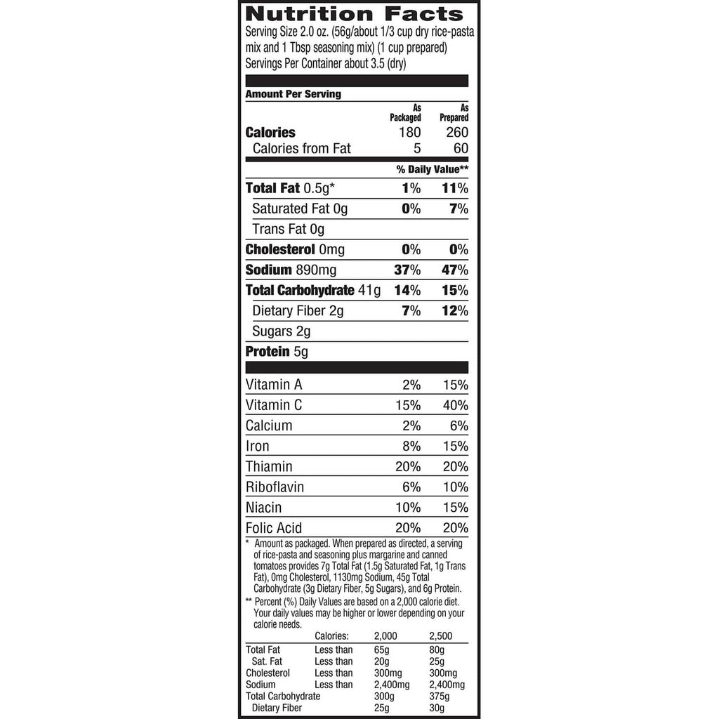 Rice-a-roni Spanish rice Nutrition Facts panel with calories, fat, carbs, and protein