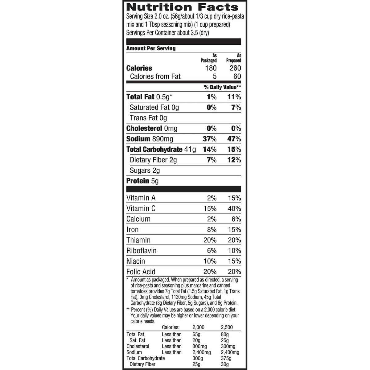 Rice-a-roni Spanish rice Nutrition Facts panel with calories, fat, carbs, and protein