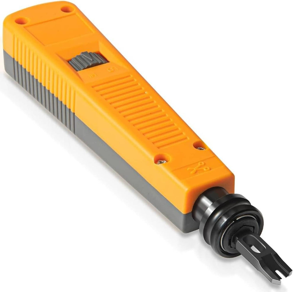 Orange punch-down tool with black metal blade and gray adjustment collar.