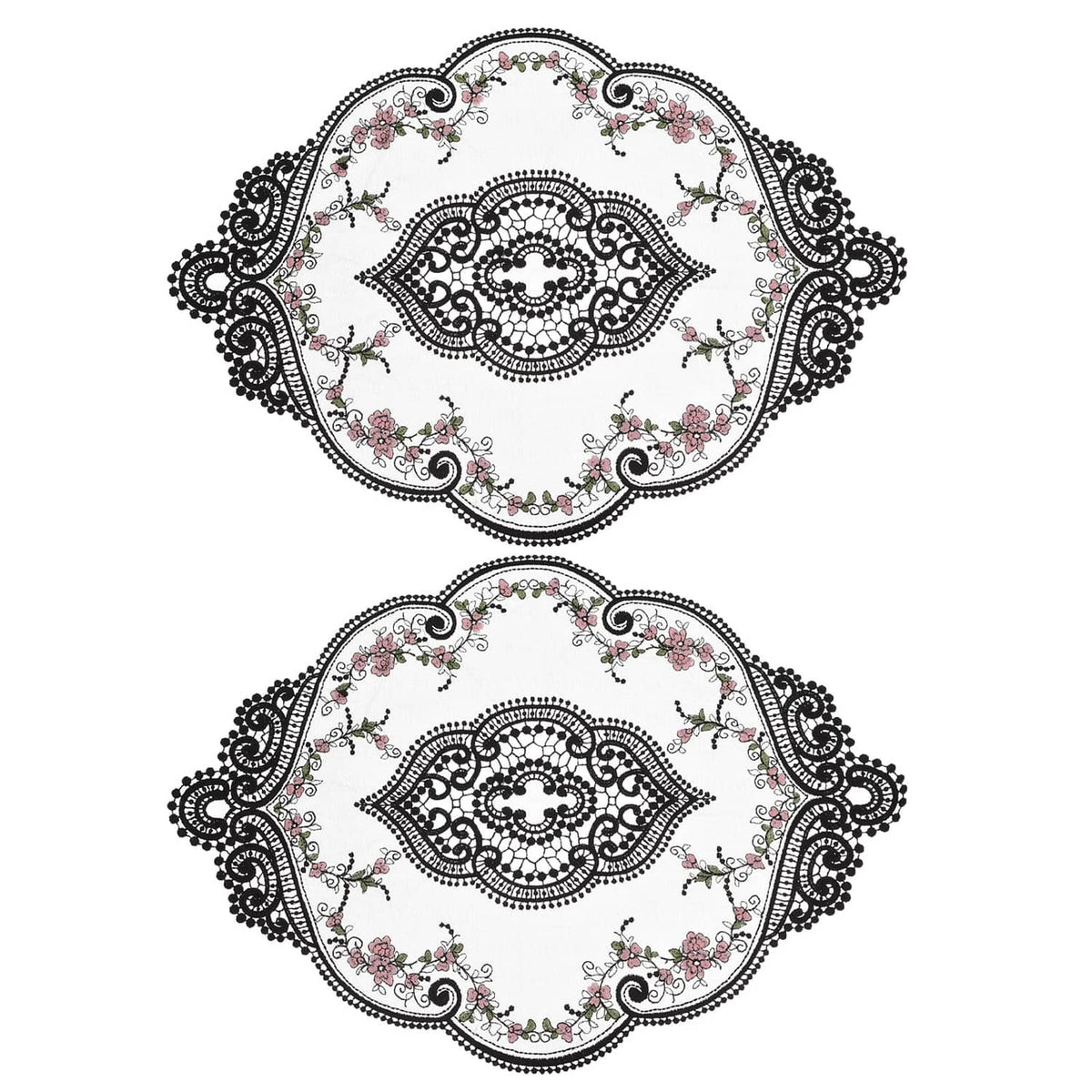 2-pack oval lace placemats with black ornate embroidery and small floral accents