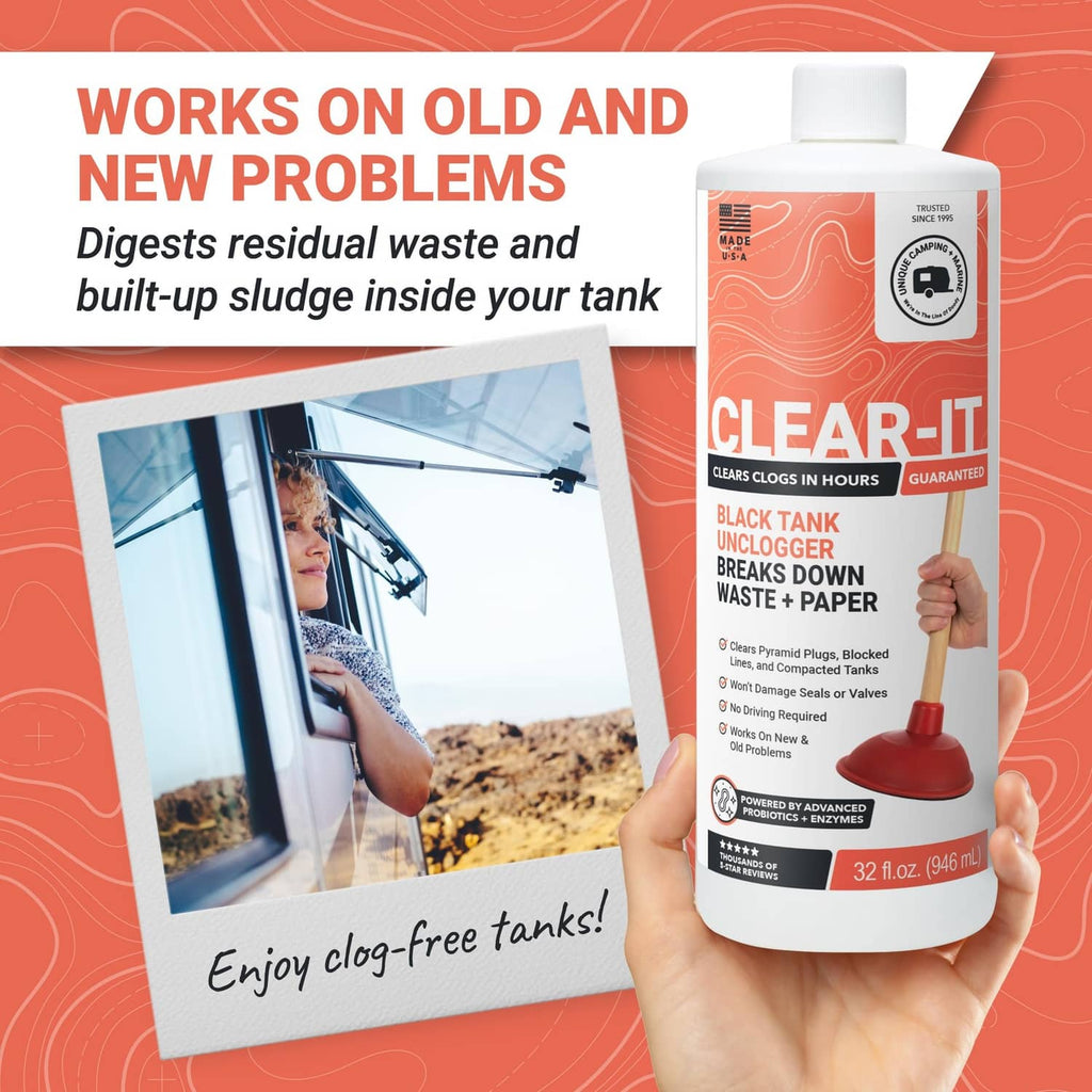 Clear-It black tank unclogger bottle held by a hand with orange label and white cap