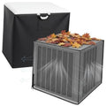 Black outdoor air conditioner cover with top flap and handle covering the AC unit.