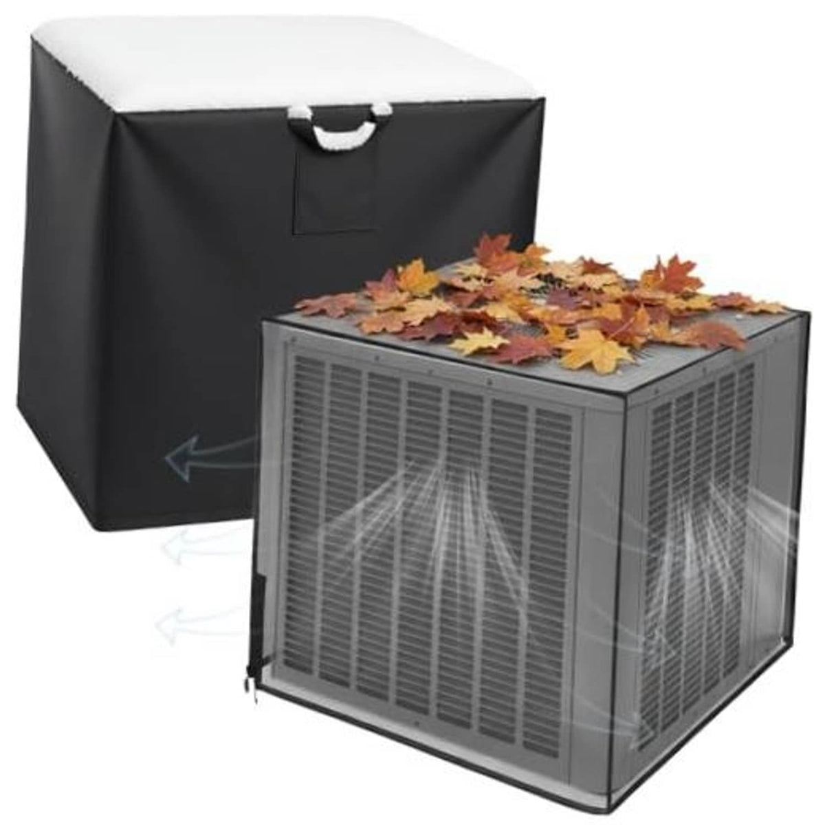 Black outdoor air conditioner cover with top flap and handle covering the AC unit.