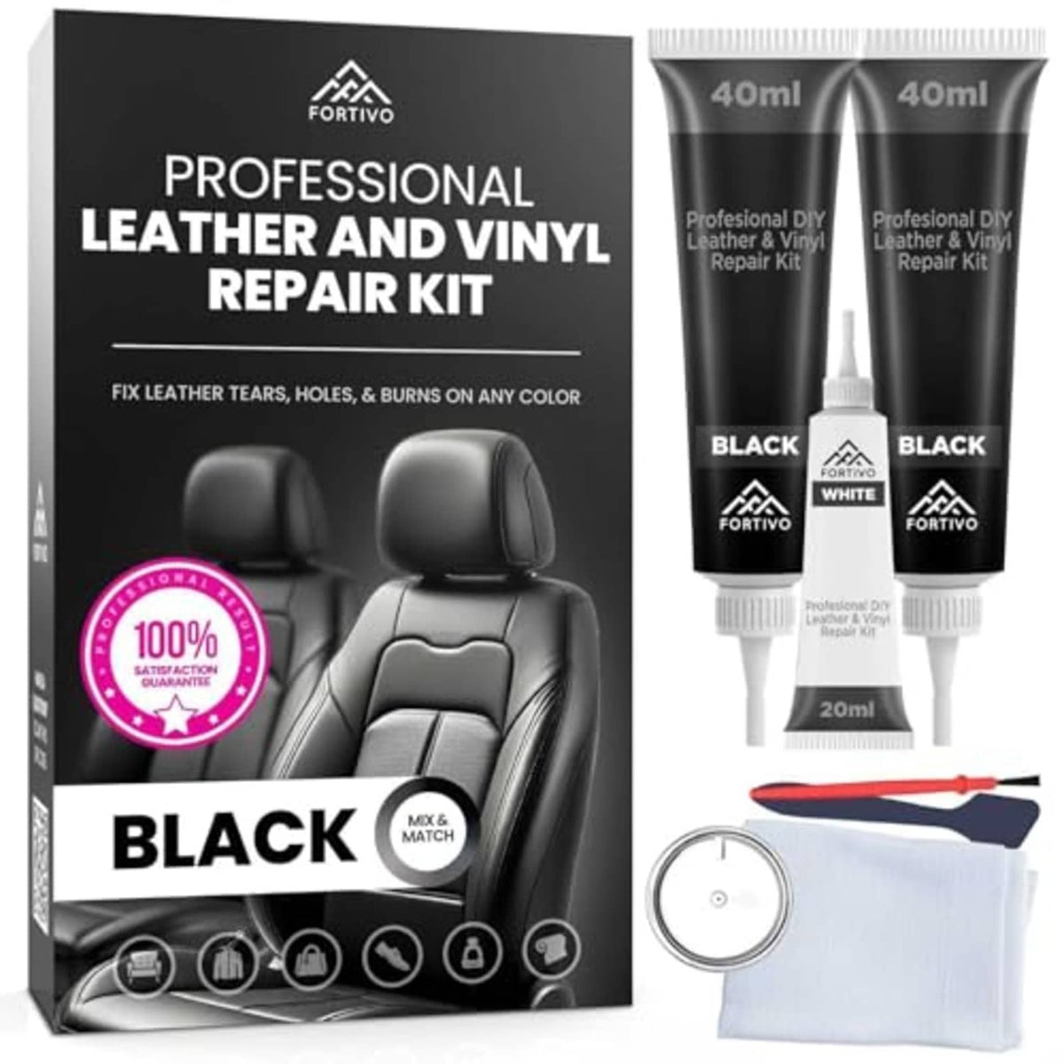 Professional leather and vinyl repair kit box with two black gel tubes and applicator