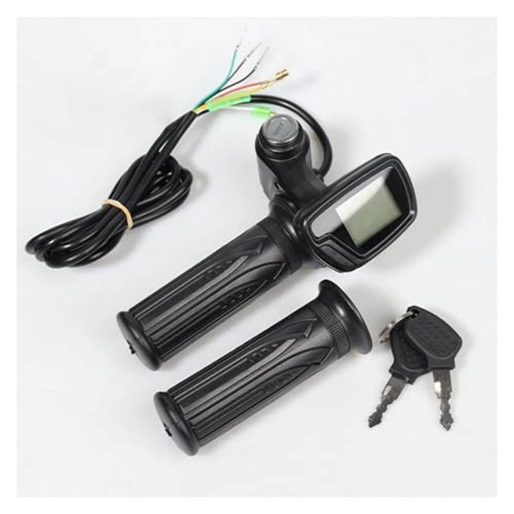 Electric bike handlebar throttle with LCD screen, black grips, and 5-pin style wiring