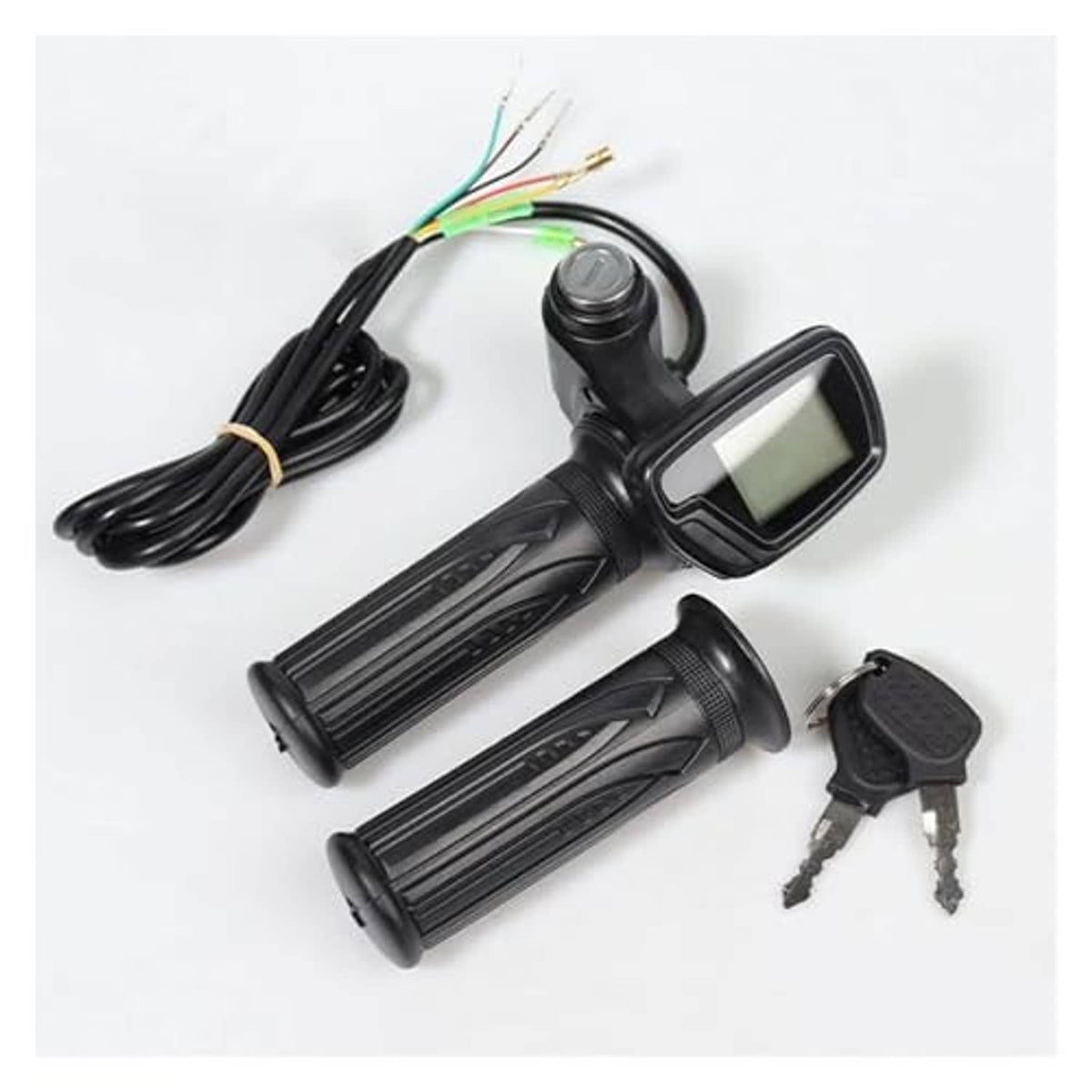 Electric bike handlebar throttle with LCD screen, black grips, and 5-pin style wiring