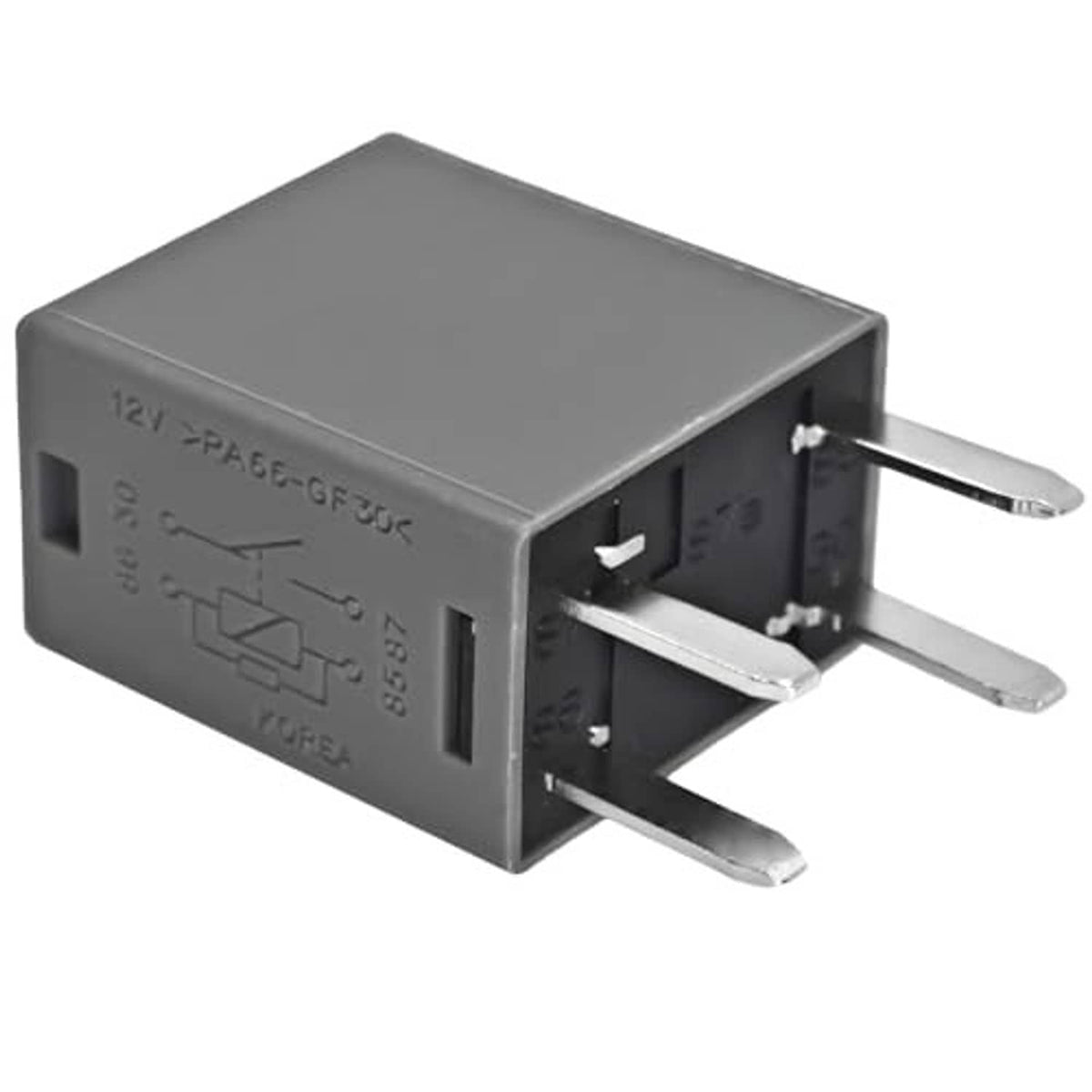 4-pin fuse relay with metal blade pins, dark gray housing and side connector opening