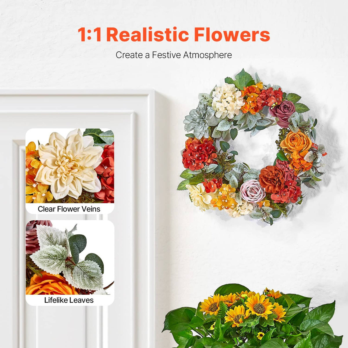 Floral wreath decor with Welcome sign and orange, red, and yellow flowers with green leaves