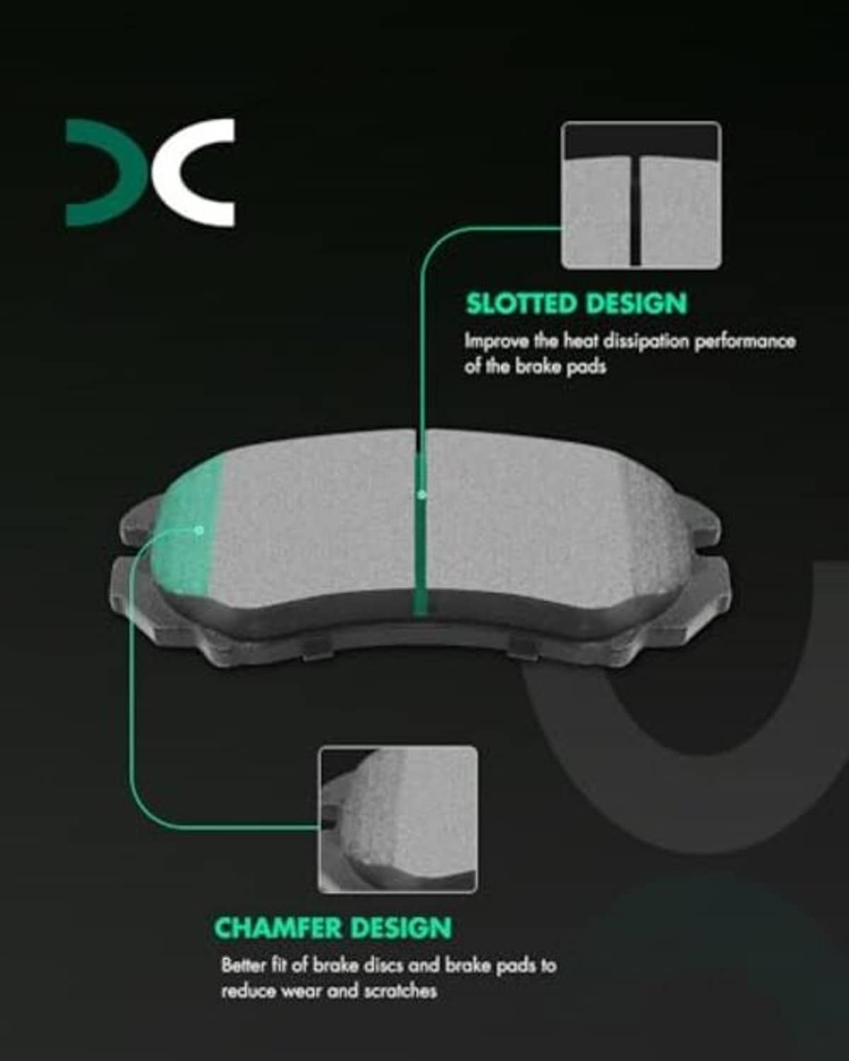 Gray ceramic brake pad with chamfered edges and a central slot detail