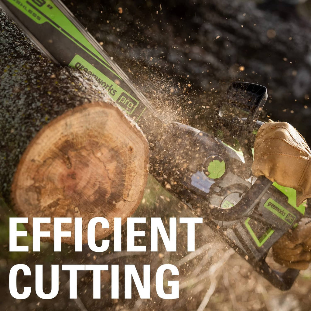 Chainsaw bar and chain cutting with Greenworks pro, sparks and debris visible