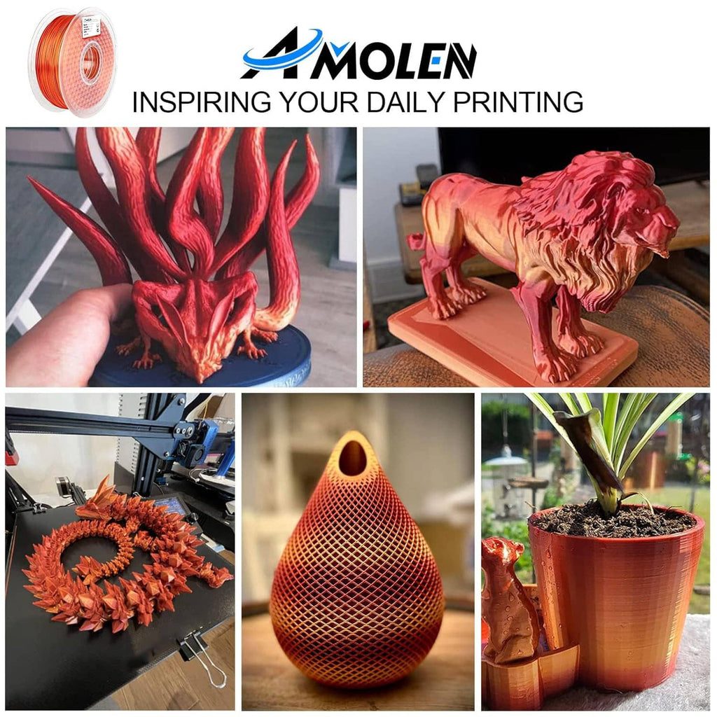 Silk PLA gradient filament spool with sample 3D printed animal models