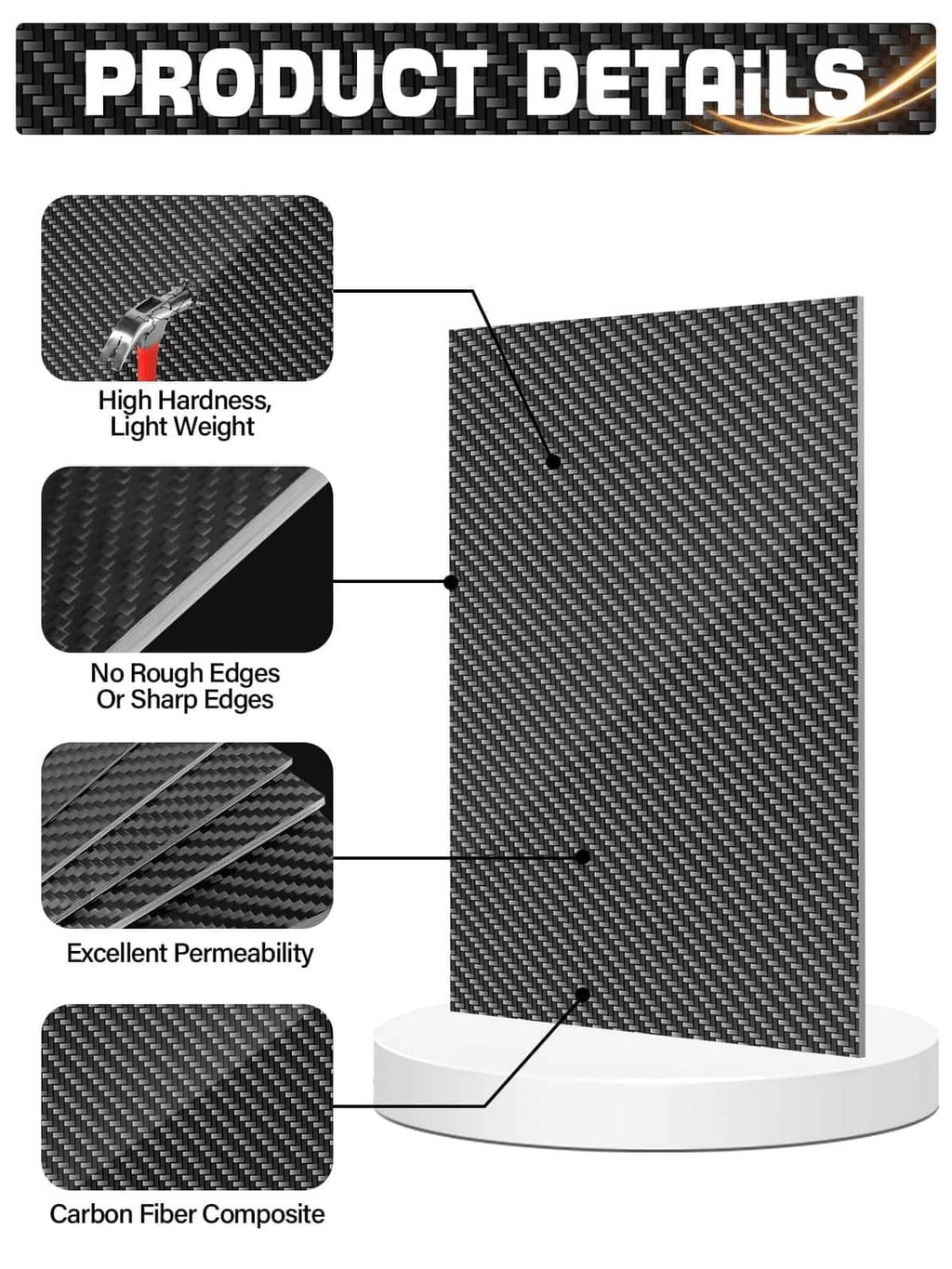 Carbon fiber plate with dark twill weave surface and smooth edge