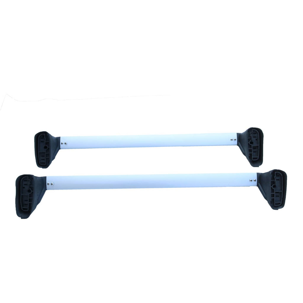 Pair of roof rack cross bars with black end mounting brackets, silver aluminum frame