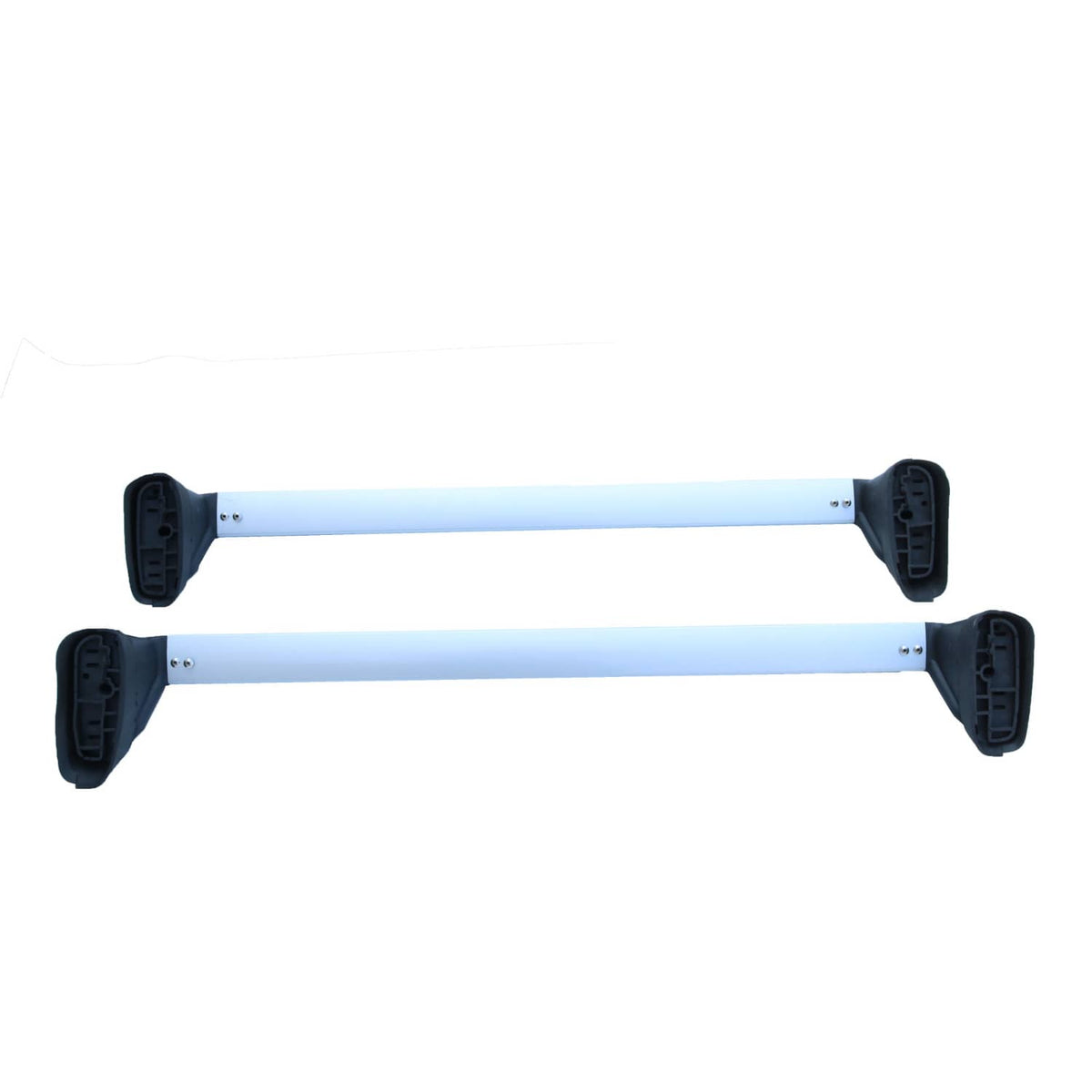 Pair of roof rack cross bars with black end mounting brackets, silver aluminum frame