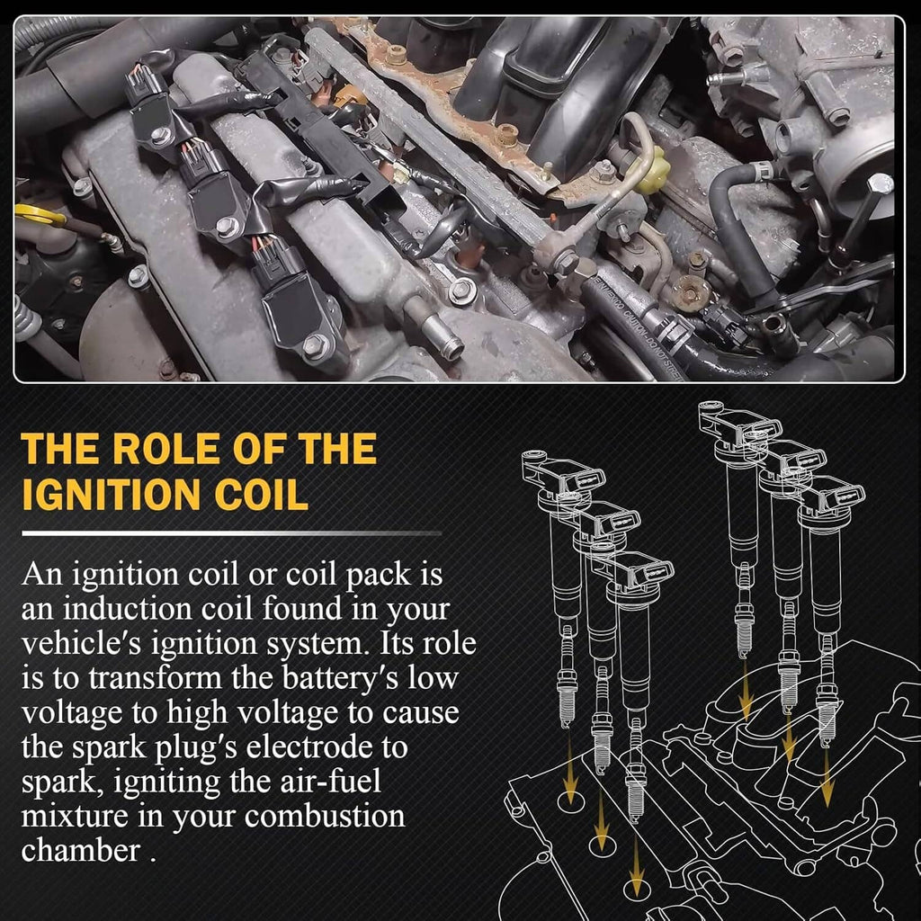 Ignition coils installed in an engine bay with electrical connectors