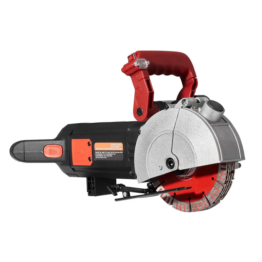 Compact side view of wall slotting machine with red handle, black body, and silver disc