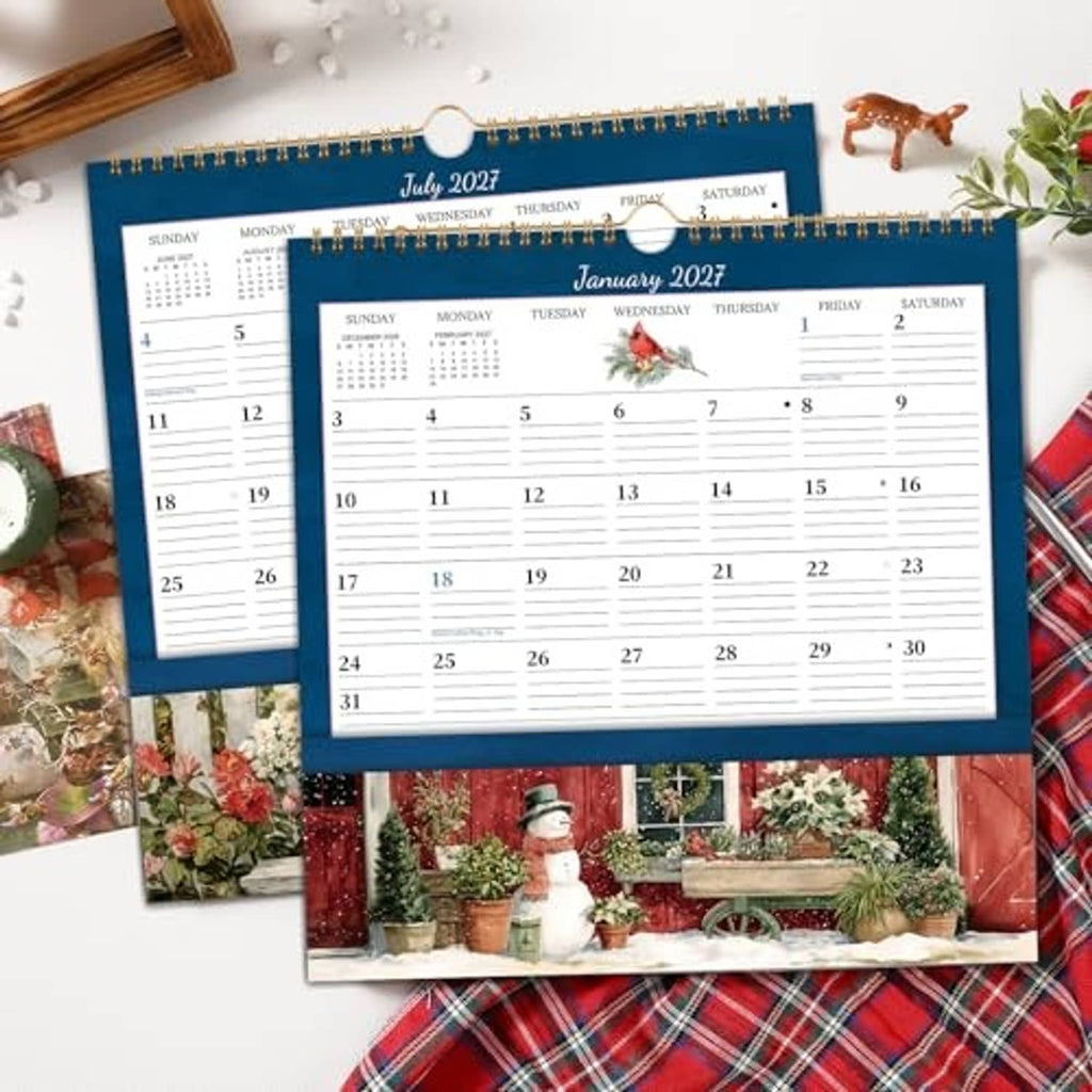 Blue wall calendar set showing July 2027 and January 2027 with two hanging loops