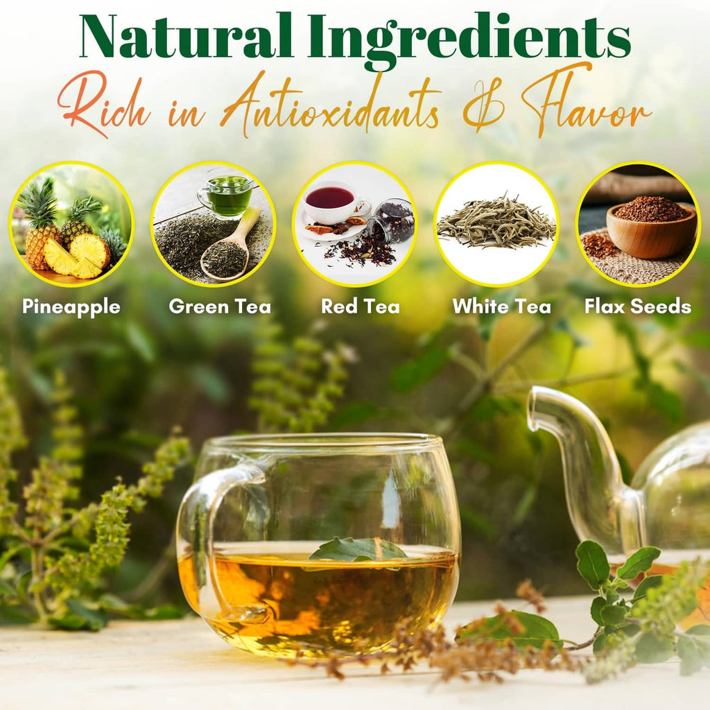 Herbal tea ingredients graphic with pineapple, green tea, red tea, white tea, flax icons.