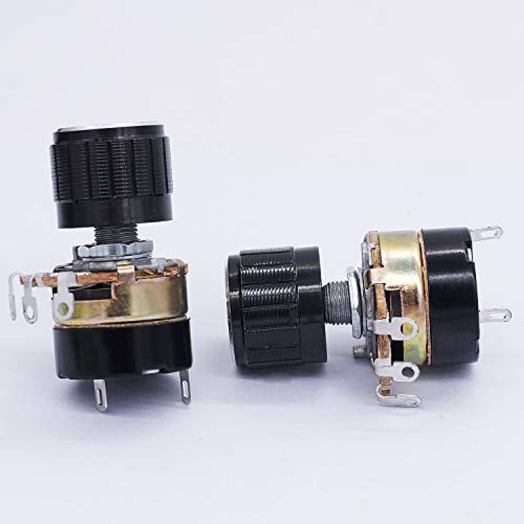 Two black potentiometers showing side views, knurled metal shaft and mounting pins