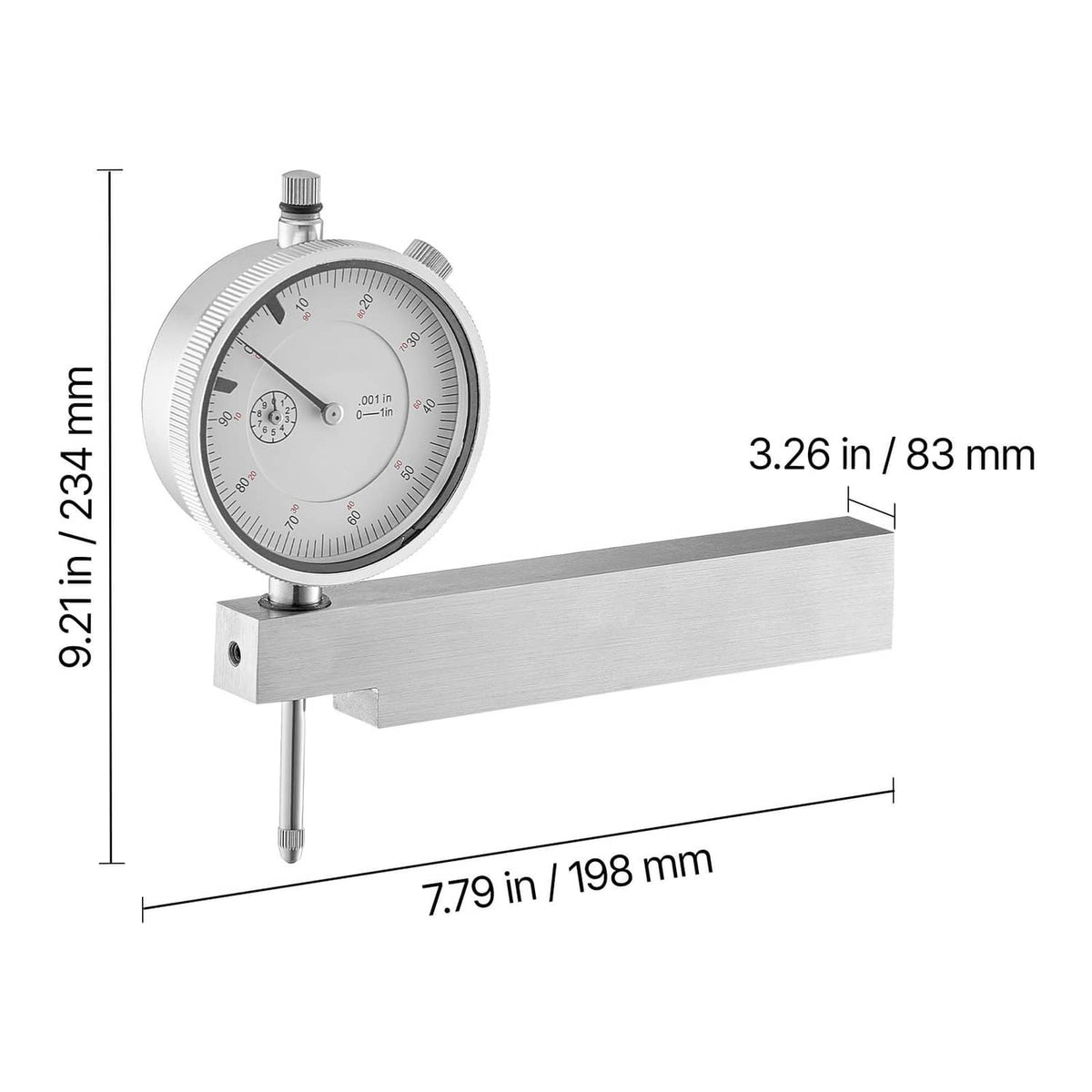 Dial test indicator size diagram showing metal base arm and dial unit