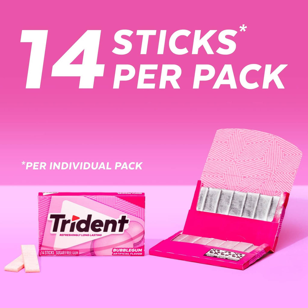 Trident Bubblegum sugar-free gum, 14 sticks per pack on pink graphic