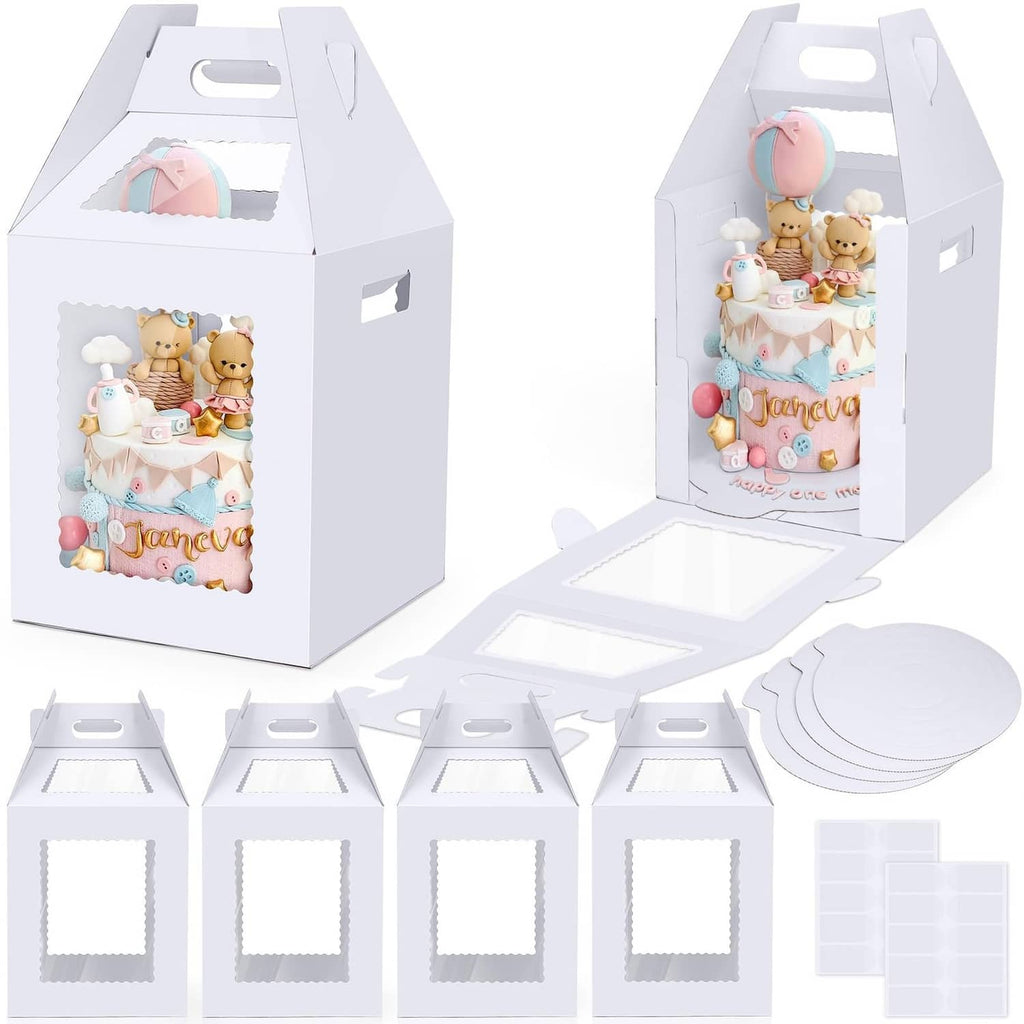 White tier cake box with clear window and handle; includes cake boards