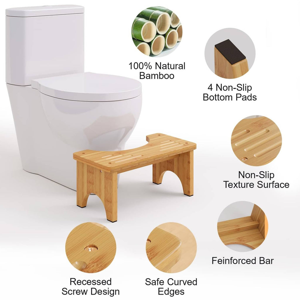 Natural bamboo toilet squat stool with non-slip texture top and arched support