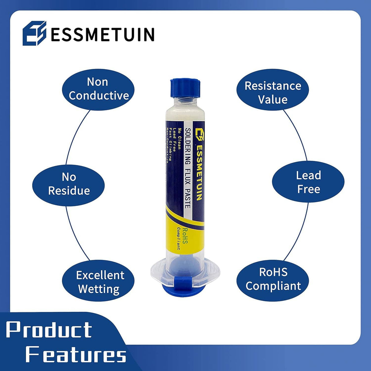 Soldering flux paste feature labels: non-conductive, no residue, lead-free