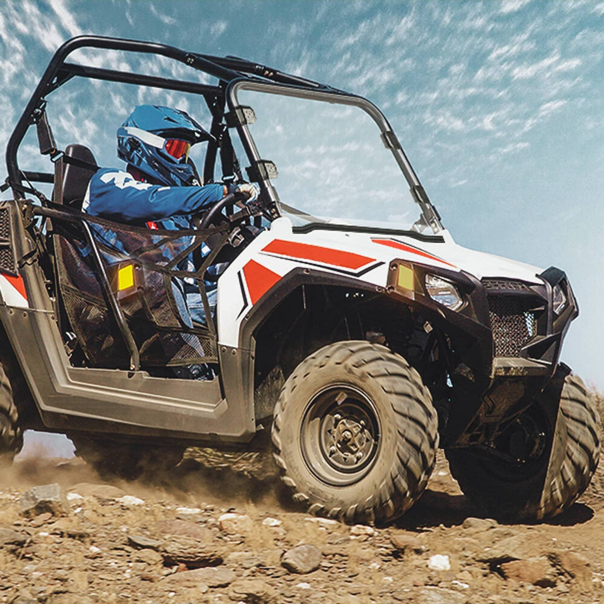 Full UTV windshield with clear panel and black frame mounted on off-road vehicle