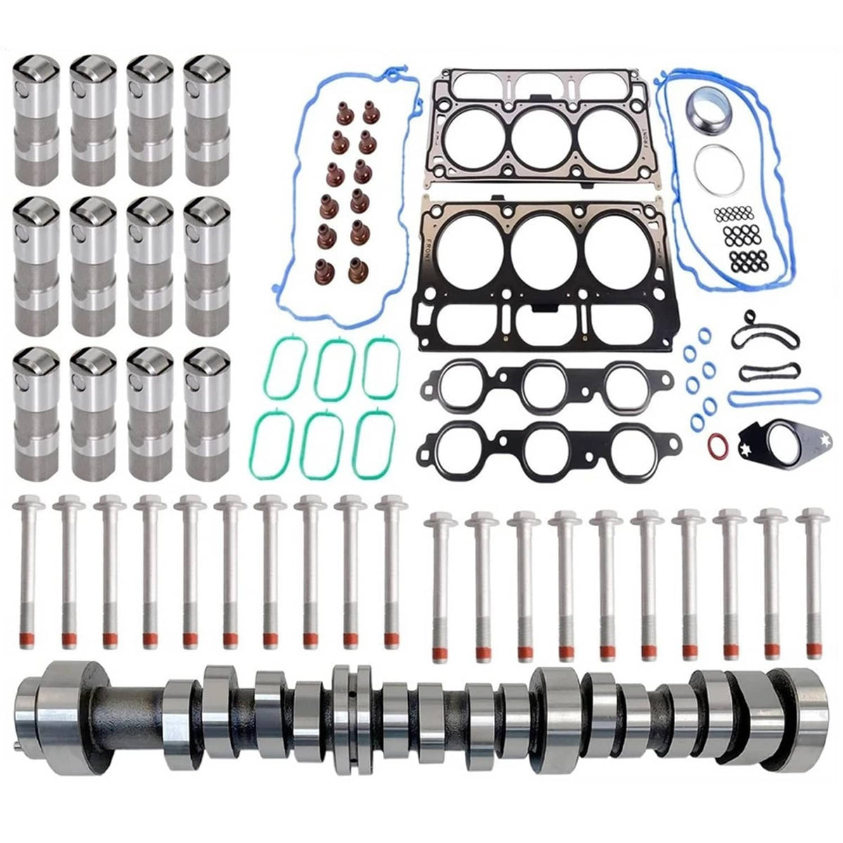 Camshaft lifters kit with steel lifters, gaskets, and seal hardware
