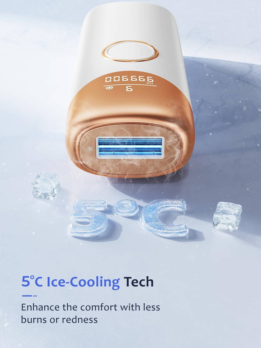 Handheld IPL hair removal device with cooling tech, white body with rose-gold bottom panel