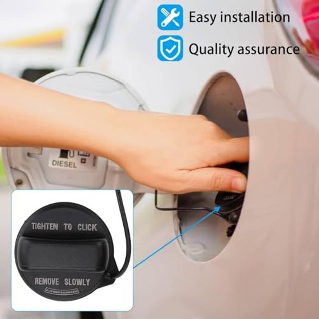 Fuel filler cap being installed by hand over a vehicle fuel filler opening