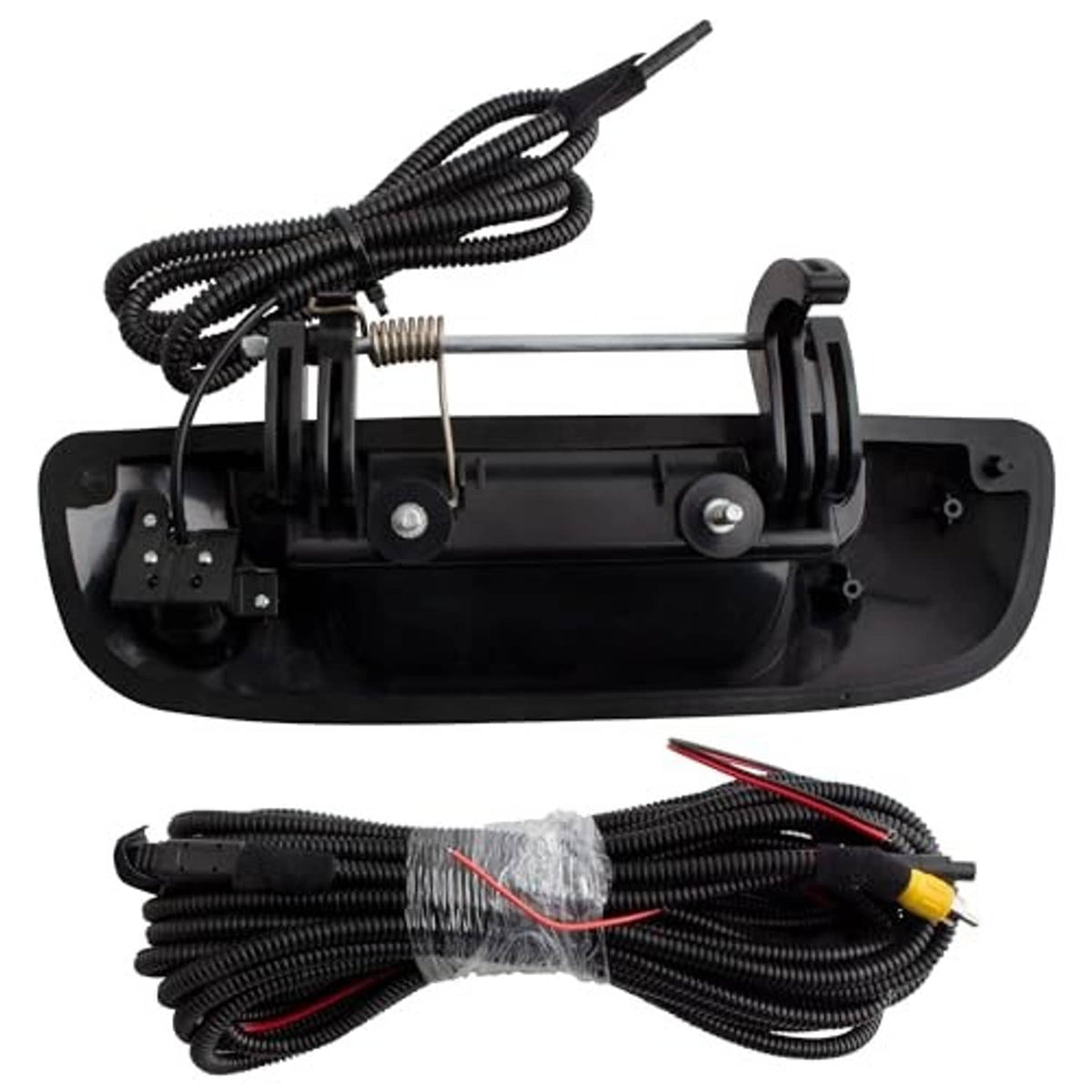 Backup tailgate handle camera with open mount, exposed wiring, and mounting bars