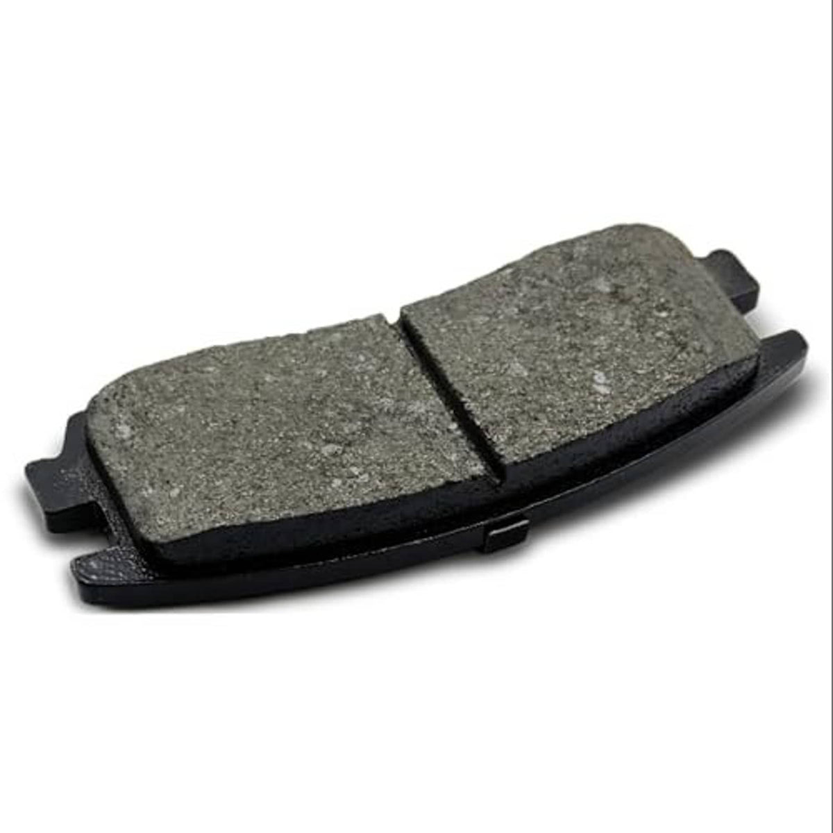 Single gray ceramic brake pad with metal backing, top-side view