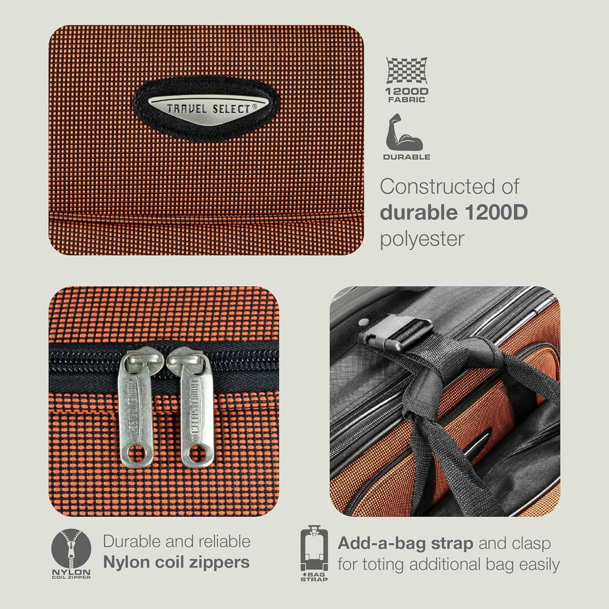Orange textured softside luggage fabric with durable zipper and strap hardware