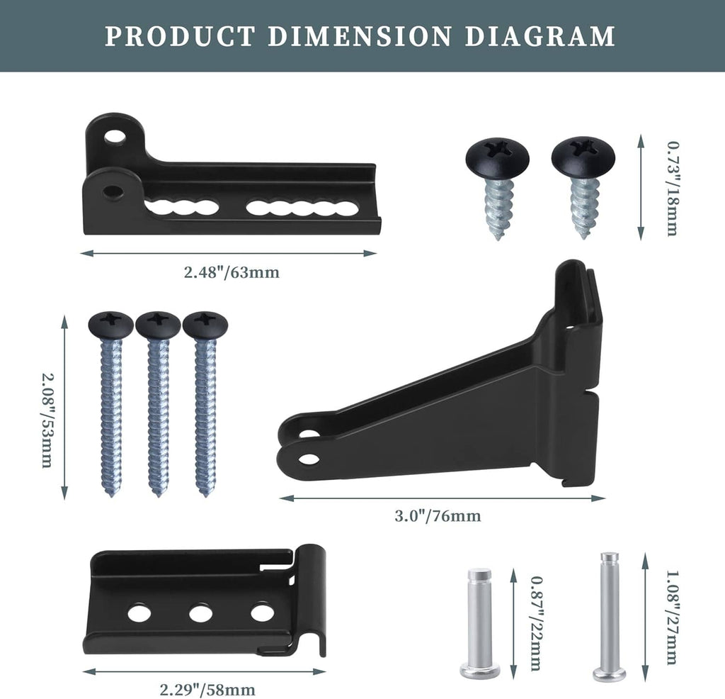 Black storm door closer bracket kit with mounting screws, pins, and bracket plates