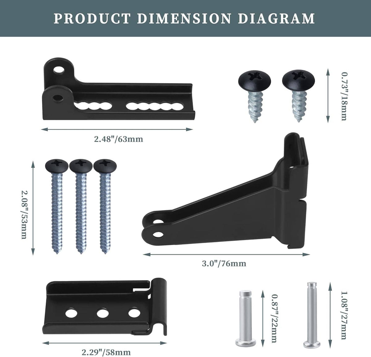Black storm door closer bracket kit with mounting screws, pins, and bracket plates
