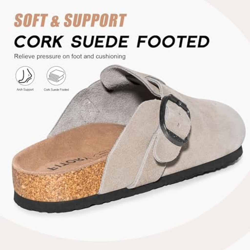 Taupe suede mules with metal buckle strap and cork-textured footbed, black sole