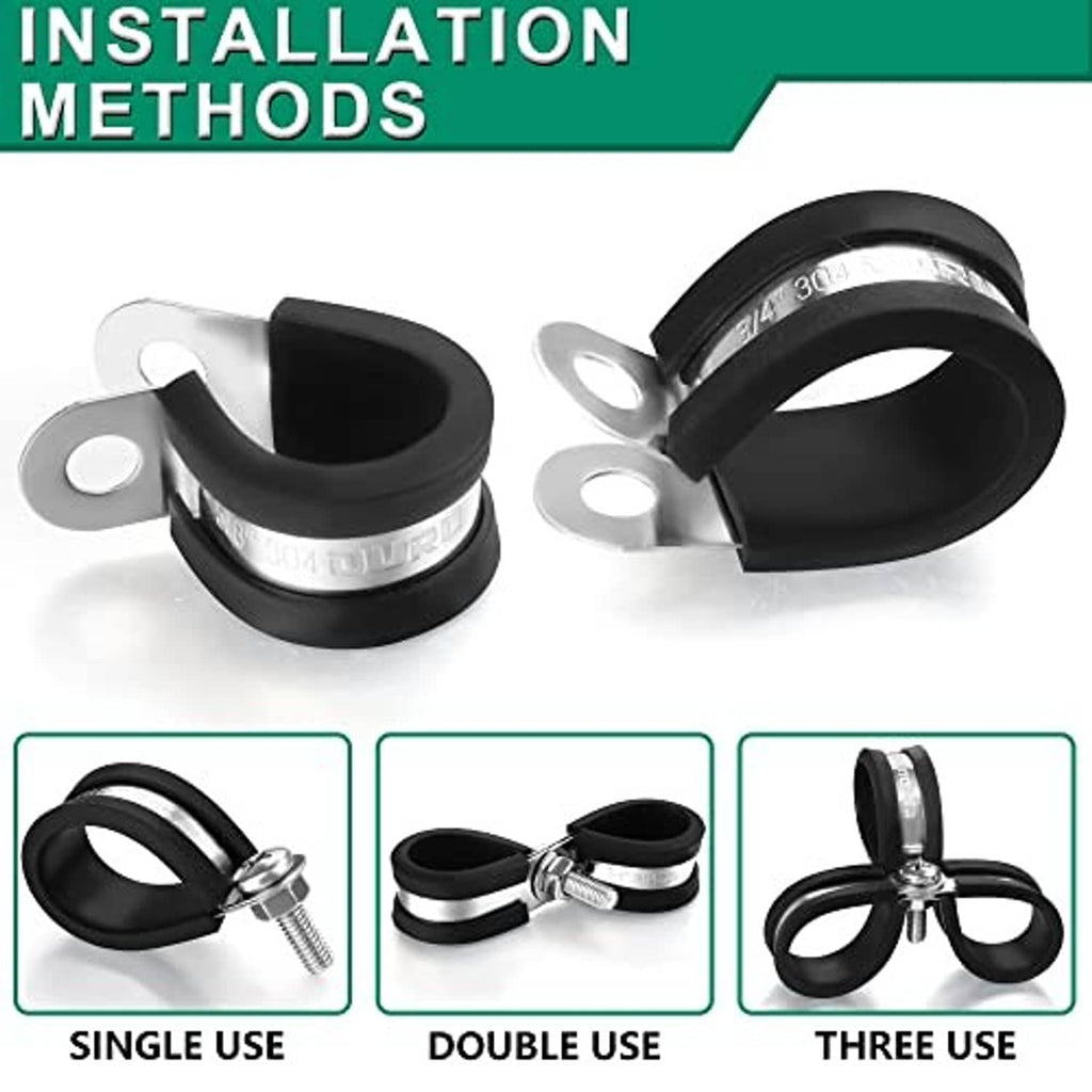 Rubber-coated stainless cable clamps, showing single, double, and triple use