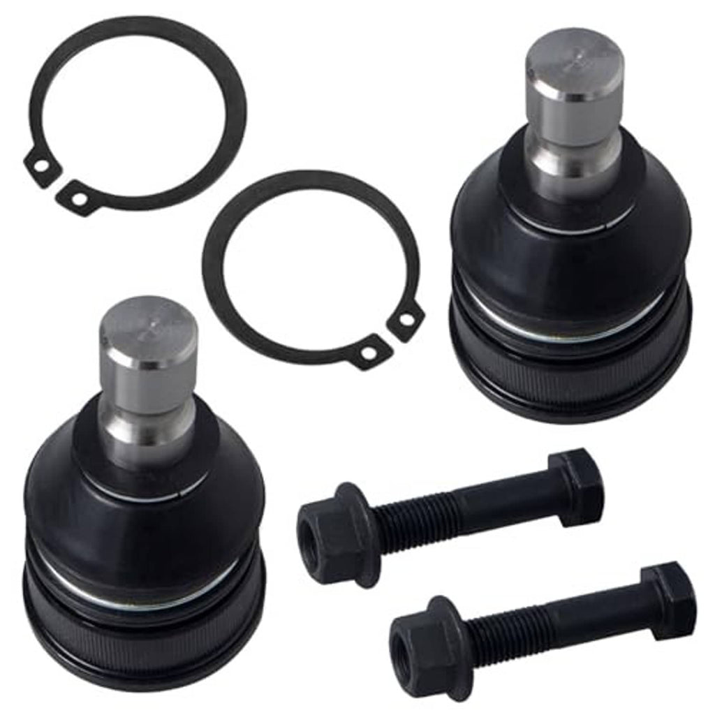 Front upper ball joint pair with black boots, metal studs, and two round retaining clips