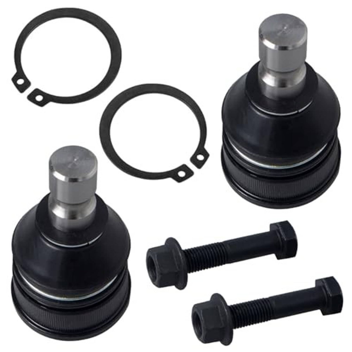 Front upper ball joint pair with black boots, metal studs, and two round retaining clips