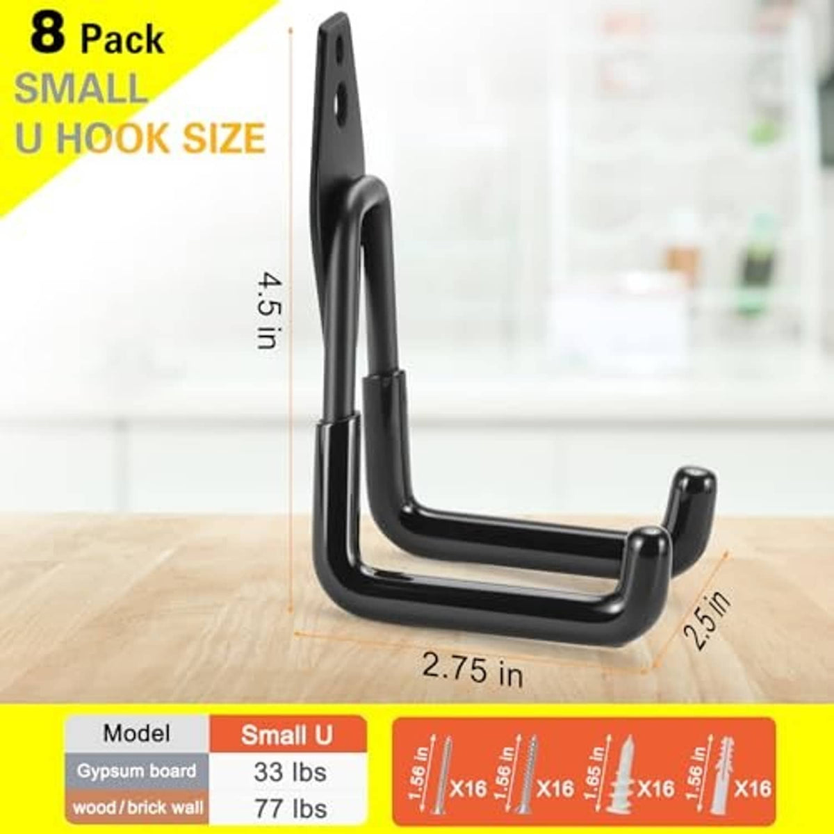 Black small U hook for wall mounting, 2.75 in base and 4.5 in height shown
