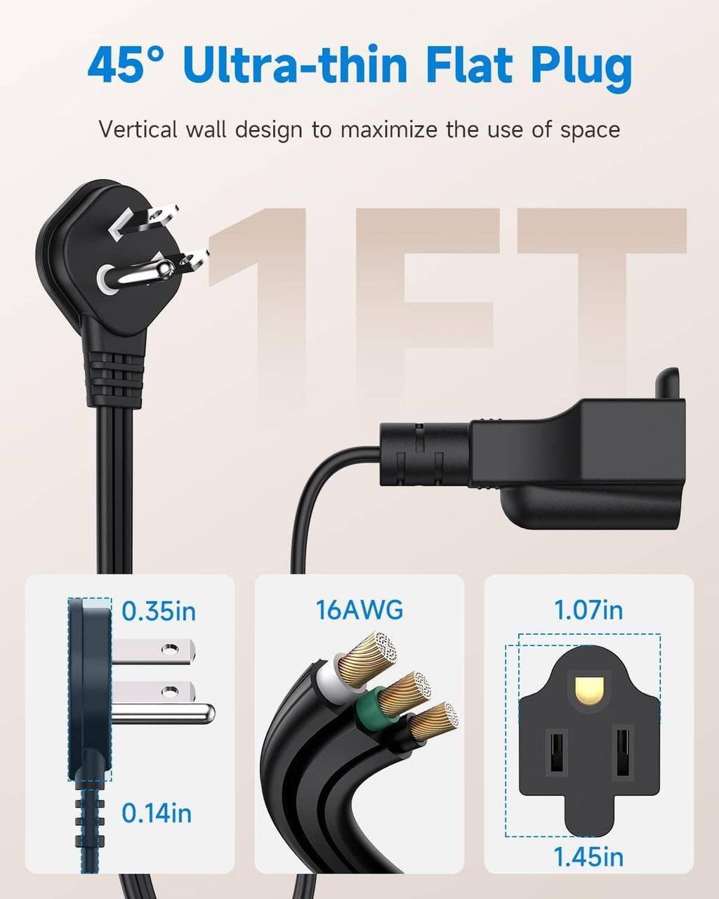 Black 45-degree ultra-thin flat plug extension cord with compact 3-prong head
