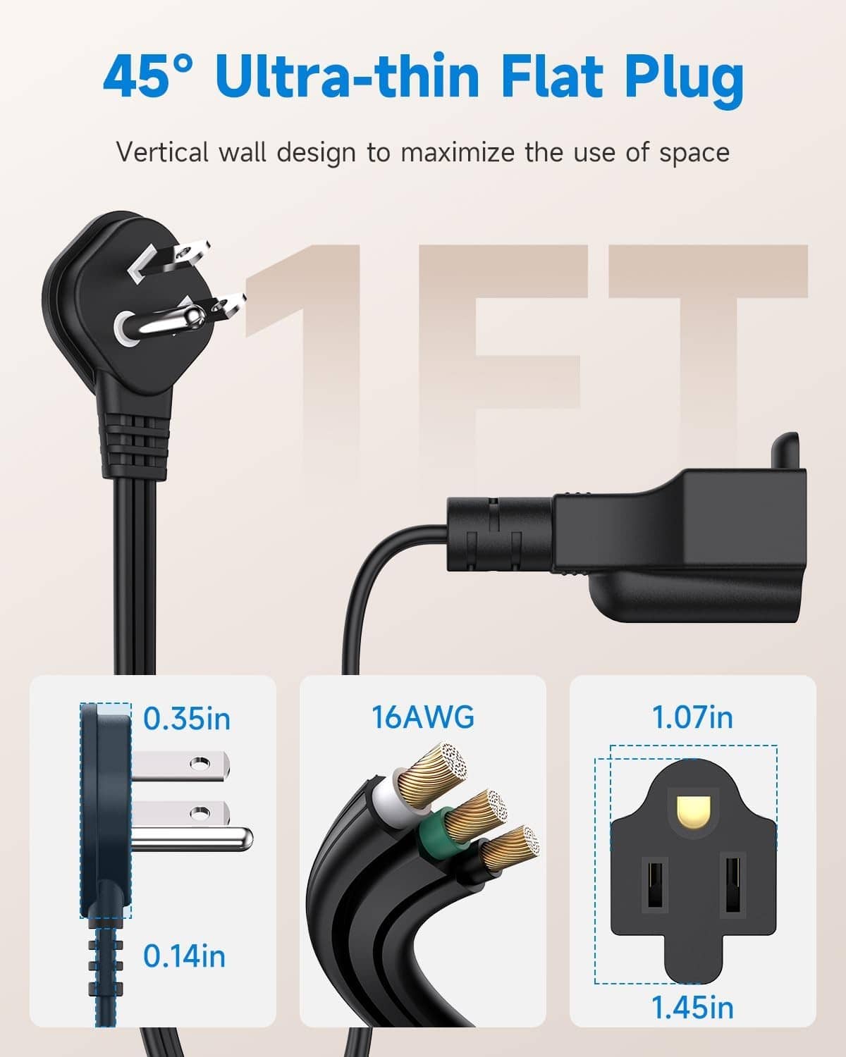 Black 45-degree ultra-thin flat plug extension cord with compact 3-prong head