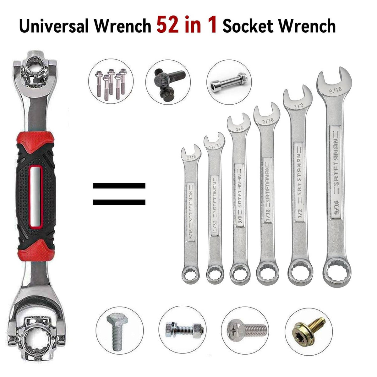 Universal wrench 52-in-1 style set with red-and-black grip, chrome multi size heads