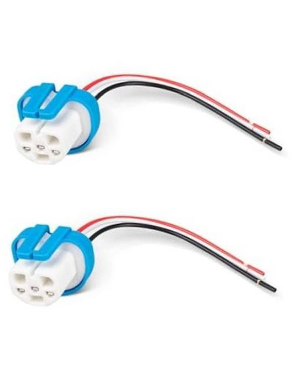 3-pin headlight wire harness with two blue-and-white connectors and red/black wires