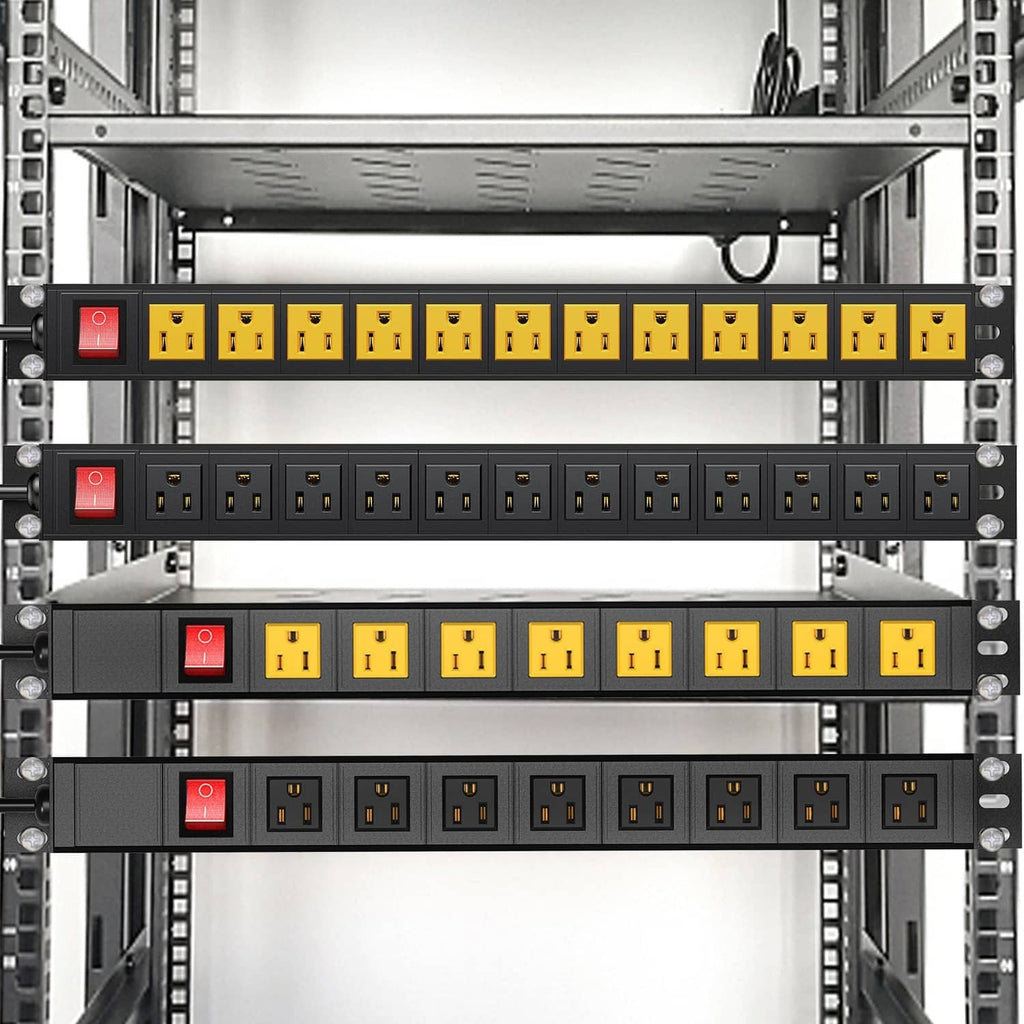Multiple black rack-mount PDUs with red switches and rows of outlets in a rack