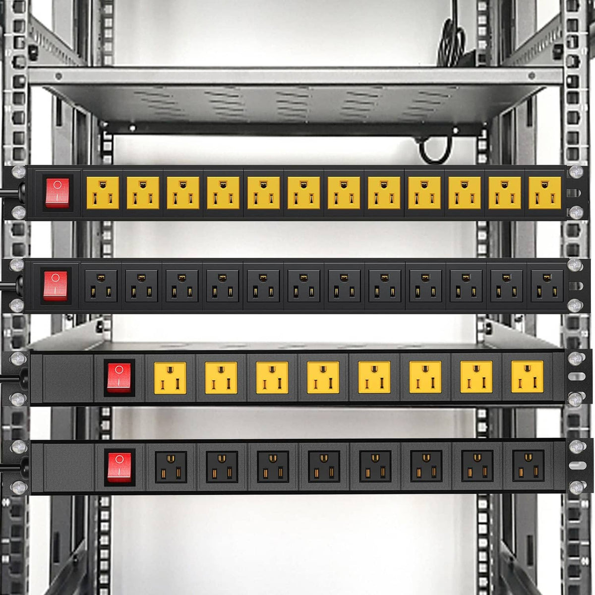 Multiple black rack-mount PDUs with red switches and rows of outlets in a rack